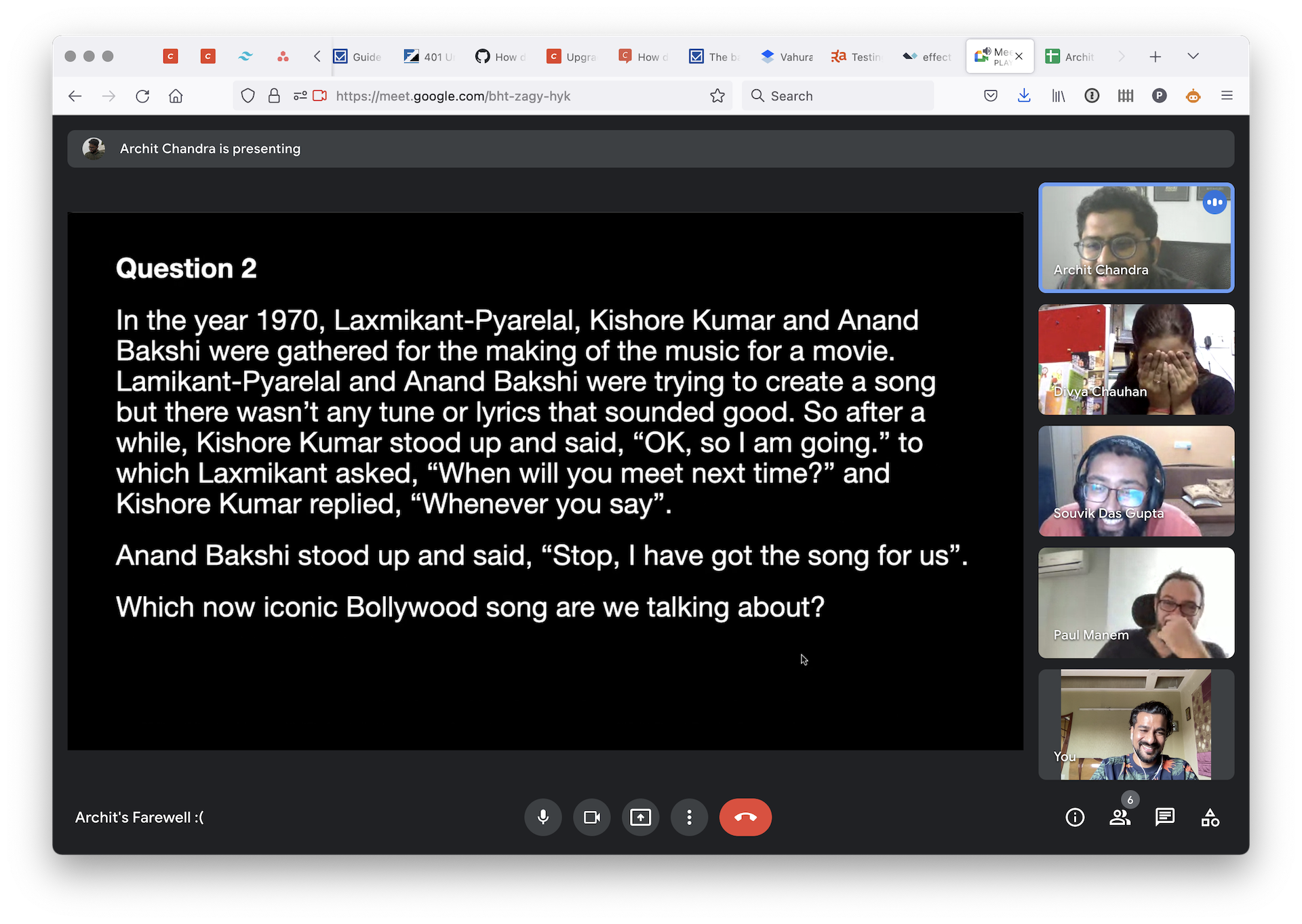 Virtual meeting with a quiz being presented by Archit with the rest of the team in attendance